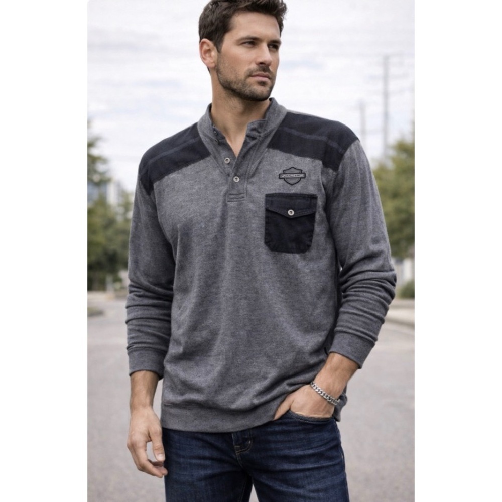 Harley Davidson Gray and Black Henley Long Sleeve 3 Button Pullover Sweater 2XL